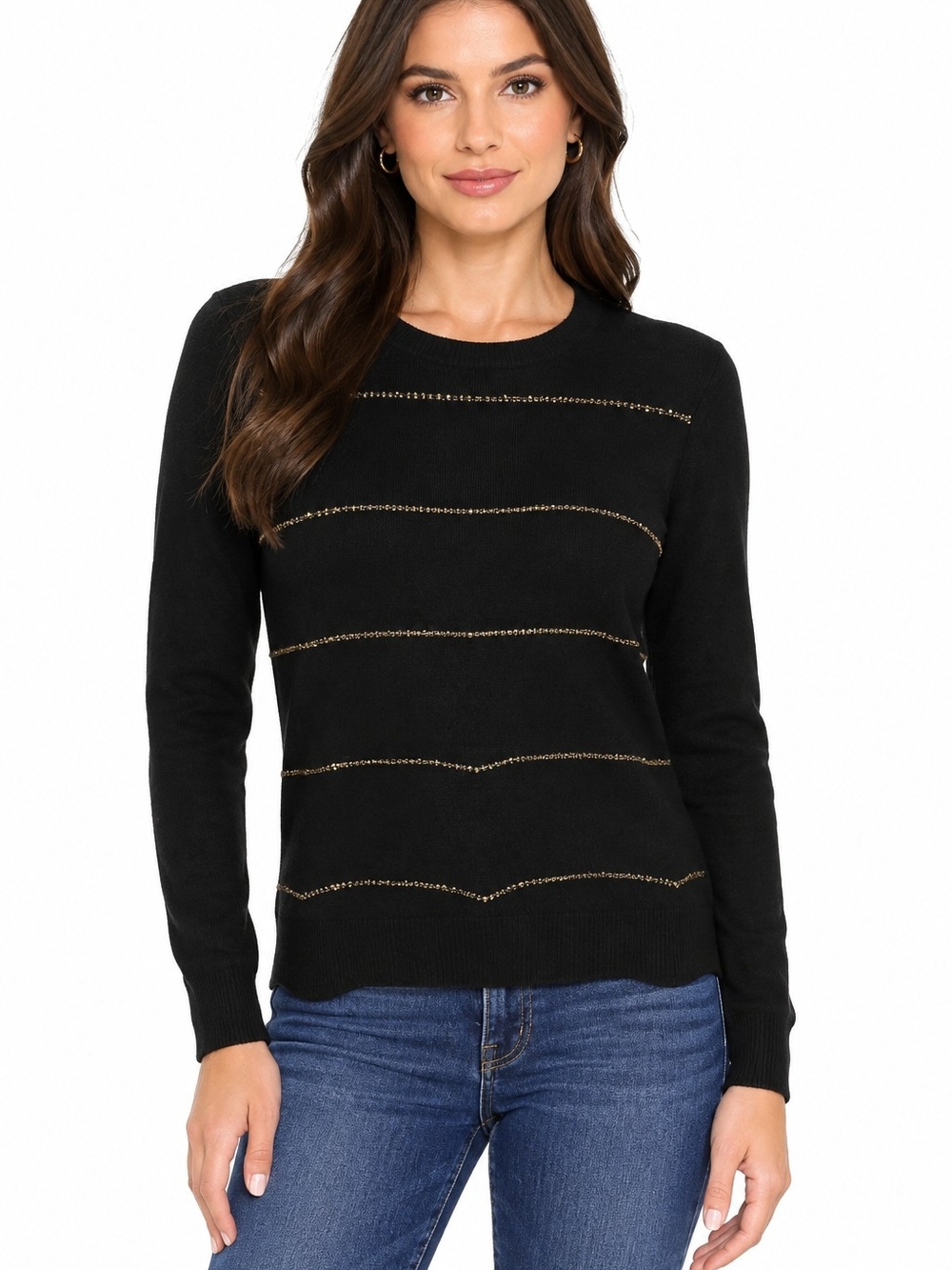 Michael Kors Black Crewneck Sweater with Gold Accent Stripes